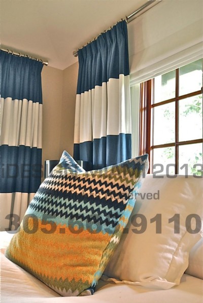 Custom Made French Pinch Pleat Lined Curtains W/Accent Stripes + Blackout Lined Linen Flat Roman Shades.